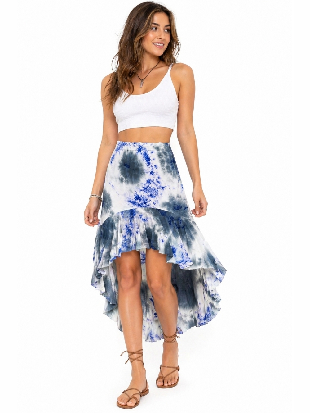 Solemio Tie Dye High Low Skirt Boho Festival Ruffle Hem Blue White Size Small